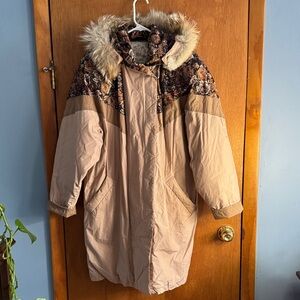 Vintage Cyclone down coat removable fur  Tan Floral Hooded puffy coat Sz 8